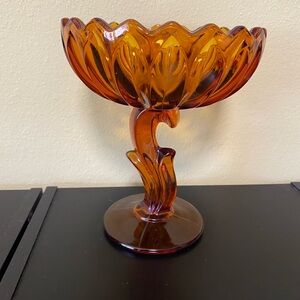 Gorgeous MCM Amber Glass Pedestal Dish flower design (31)